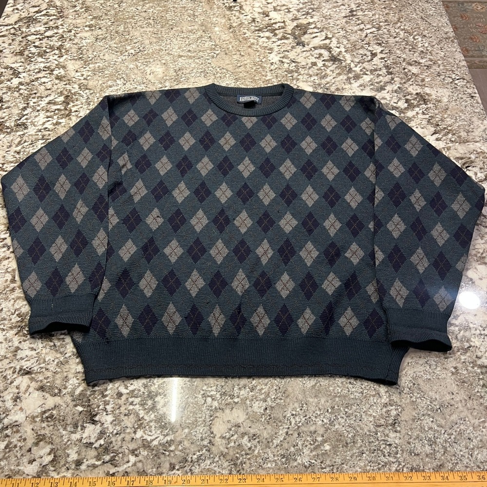 Vintage‎ 1990s Lands End Argyle Crewneck Sweater Mens Large Green Blue L